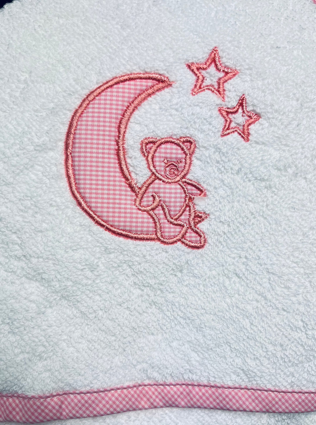 Kapuzenhandtuch “Mond und Sterne” rosa mit Waschhandschuh